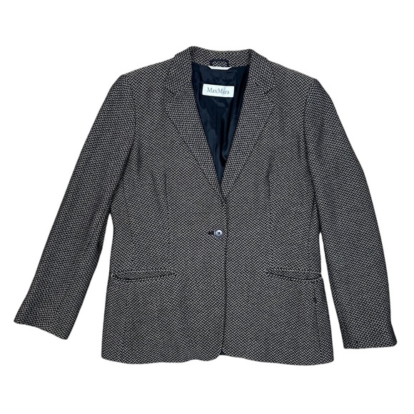 Max Mara Blazer Sz 14 Virgin Wool Herringbone 1 Button Pockets Academia Jacket - Picture 16 of 16